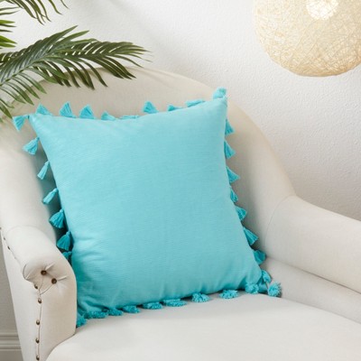 Turquoise Square Tassel Throw Pillow with Poly Filling