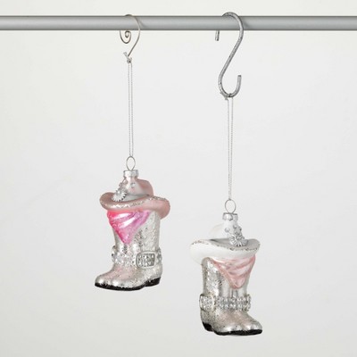 4.5"H Sullivans Cowboy Hat Boot Christmas Ornaments Set of 2, Pink-White, Christmas Tree Decor
