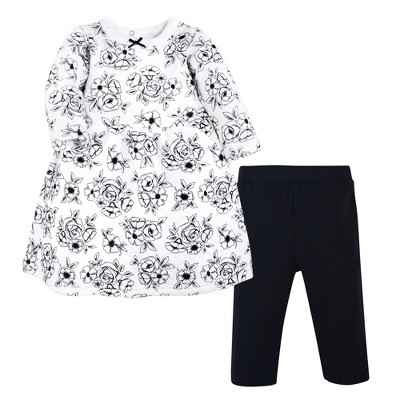 Hudson Baby Infant Girl Quilted Cotton Dress and Leggings, Black Toile, 9-12 Months