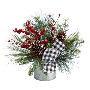 Nearly Natural 12-in Frosted Pinecones and Berries Artificial Arrangement in Vase with Decorative Plaid Bow - 1 of 4