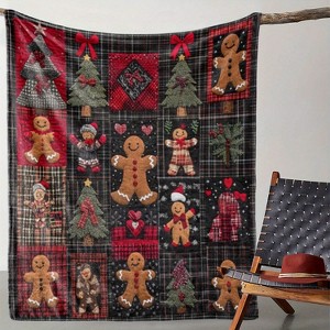 1pc Vintage Christmas Gingerbread Man and Cedar Tree Plaid Print Flannel Throw Blanket, Lightweight Warmth for Sofa, Bed, Office, Travel. - 1 of 4