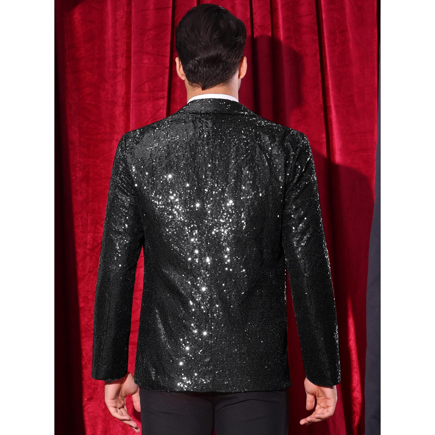 Мужские пиджаки Lars Amadeus Peak Lapel Glitter Sequin Wedding Sparkly Blazers Black, цвет: Чёрный — фото 3