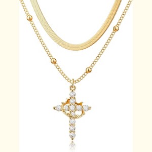 Crown Cross Necklace for Women, 14K Gold Plated Non-Tarnish Faith Jewelry Gift G Herringbone Chain Set, Gold - 1 of 4