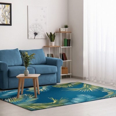 Navy Palm Border Flat Woven Synthetic Indoor/Outdoor Rug