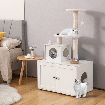White 2-in-1 Wooden Cat Tree with Litter Box Enclosure