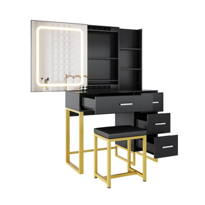 Modern Black Vanity Desk, Small Make Up Vanity Table with Lighted Mirror, Charging Station, Drawers, Open Shelves & Stool, Compact Dressing Table for
