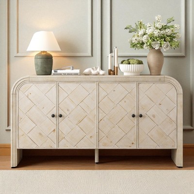 60" Luxury Multi-Functional Sideboard with Woven Slat Doors, Step Design, Solid Wood Veneer for Living Room, Hallway or Study