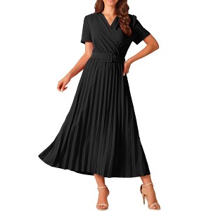Seta T Women's Casual Short Sleeve Wrap V Neck Flowy Pleated Midi Dress with Belt - 1 of 4