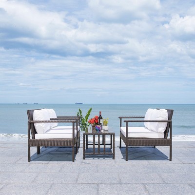 Coastal Charm Brown Wicker 4-Person Outdoor Living Set with White Cushions