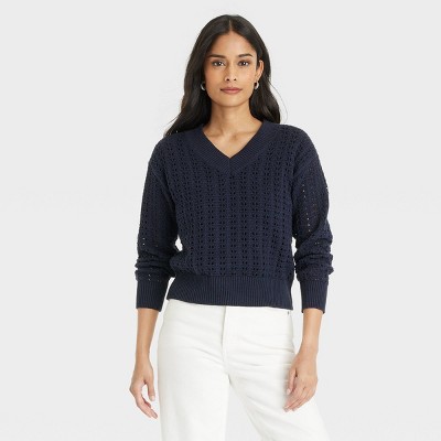 Women's Openwork V-Neck Pullover Sweater - Universal Thread™