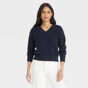 Women's Openwork V-Neck Pullover Sweater - Universal Thread™ - 1 of 3