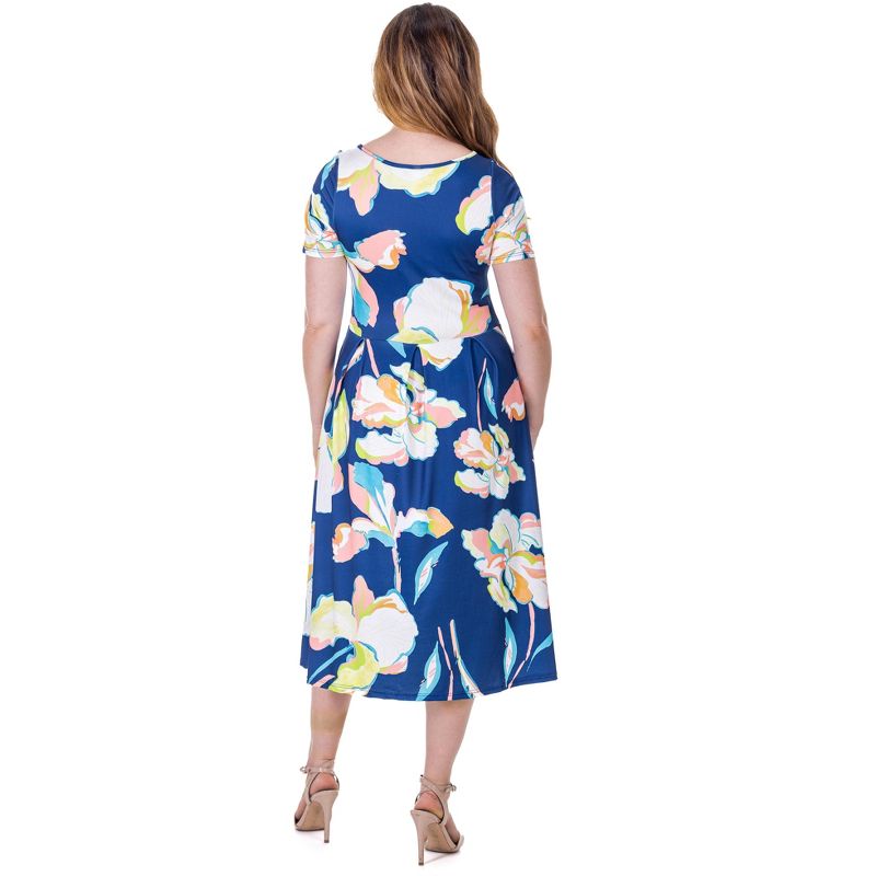 24seven Comfort Apparel Womens Blue Floral Short Sleeve Pleated Flare Midi Pocket Dress, 3 of 9