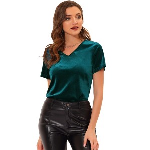 Allegra K Women's Baisc V Neck Velvet Short Sleeve T-Shirt - 1 of 4