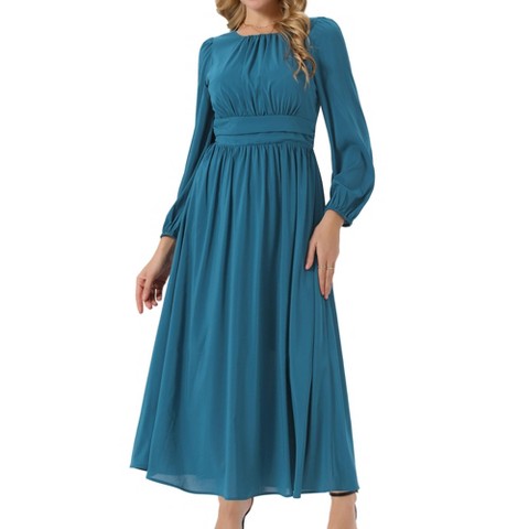 Женские платья INSPIRE CHIC Women's Crewneck Lantern Long Sleeves A-Line Pleated Chiffon Maxi Formal Dress Medium Lake Blue