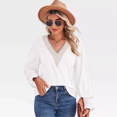 Womens Long Sleeve V Neck Blouse with Lace Detail and Ruffled Sleeves Tunic Style