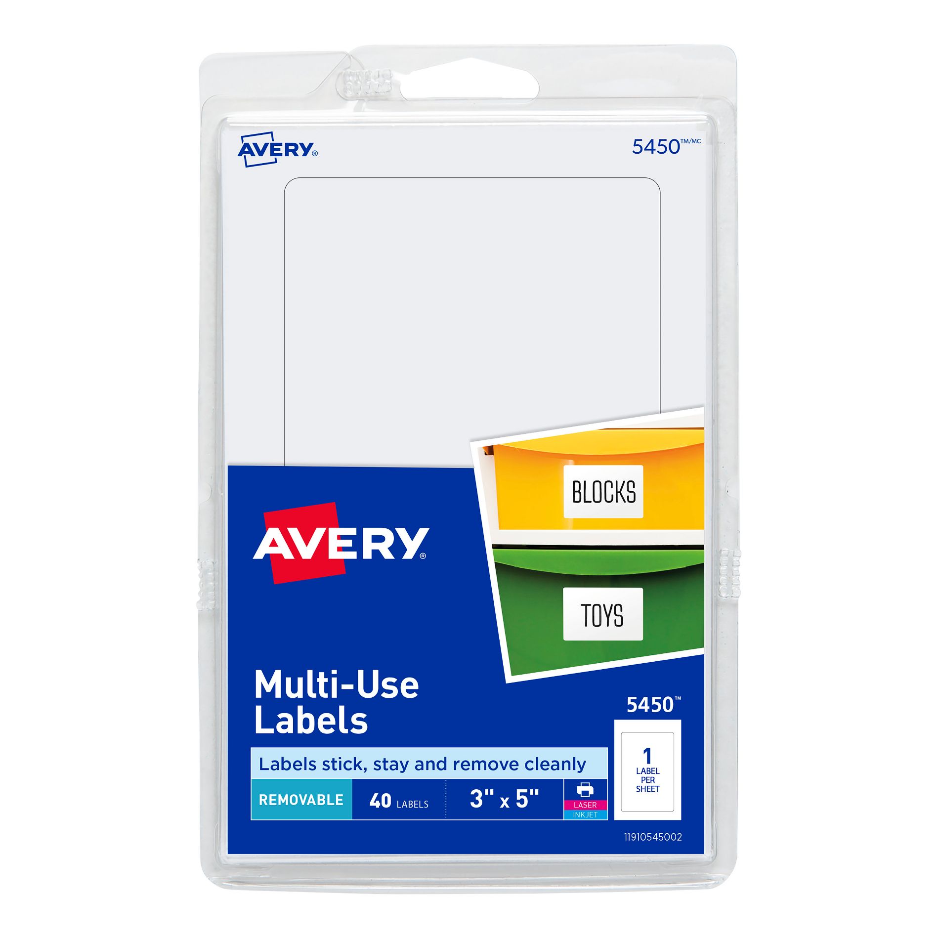 Avery 5450 Removable Print or Write Labels, 3 x 5 - White (Pack of 40)