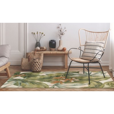 Large Ivory and Green Tropical Leaf Flatwoven Synthetic Rug