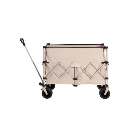 DOMETOUR Collapsible Beach Wagon, Heavy Duty Folding Utility Cart 300L, Big All-Terrain Wheels & Drink Holders, Beige