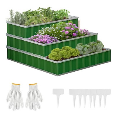 Outsunny 47''x47''x25'' 3 Tier Raised Garden Bed, Metal Tiered Planer Box Kit w/ A Pairs of Glove for Backyard, Patio to Grow Vegetables, Herbs, and Flowers