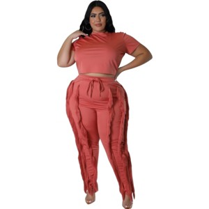 Slickblue Plus Crop Top Two-Piece Set with Elastic Waist Drawstring Pants, Berry/Mocha/Salmon, Size 1XL-3XL - 1 of 4