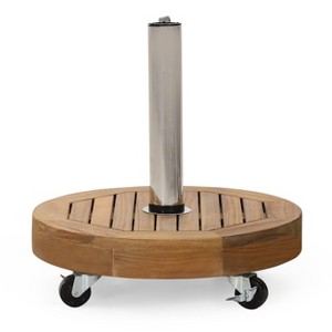 Syemin Round Wooden Umbrella Base with 4 Lockable Wheels and Two Knobs, Fits 1.57"-1.77" Patio Garden Umbrella Poles, Brown, 17.75"*17.75"*17" - 1 of 4