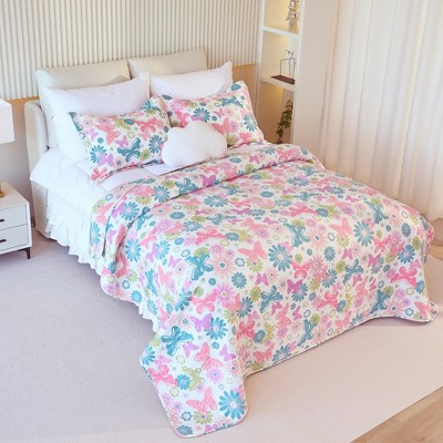Acoinel Butterfly Floral Quilt Set - 3-Piece Reversible Bedspread with Pillow Shams,King — фото 2