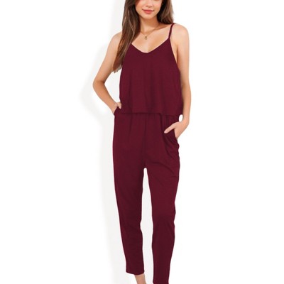 Anna-Kaci Women's Spaghetti Strap Jumpsuit with Layered Bodice and Elastic Waist with Side Pockets