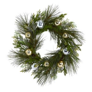 Nearly Natural 26-in Sparkling Pine Artificial Wreath with Decorative Ornaments - 1 of 3