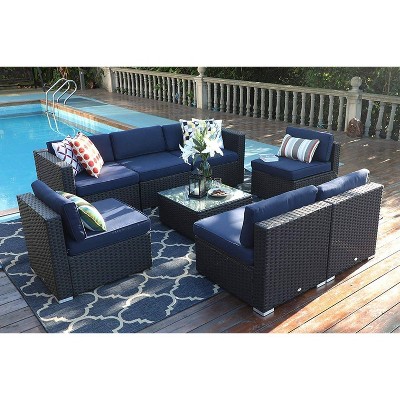 8pc Patio Low-Back Rattan Conversation Set - Navy - Captiva Designs