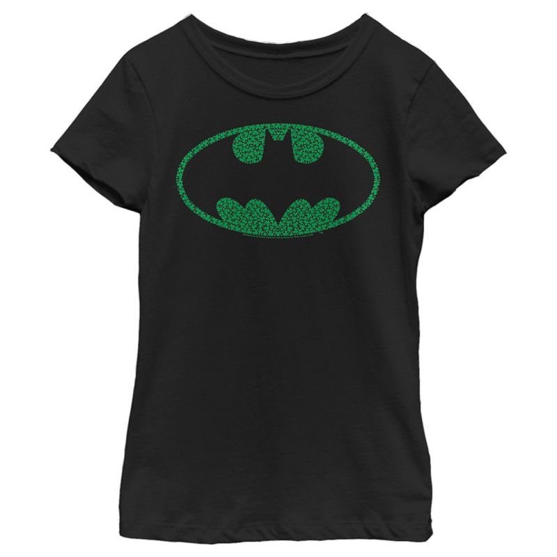 Girl's Batman St. Patrick's Day Cloverfield Bat Logo T-Shirt, 1 of 5