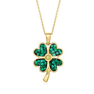 Ross-Simons Carved Malachite Inlay 4-Leaf Clover Pendant Necklace With .10 Carat Peridot in 18kt Gold Over Sterling Size 18 - 1 of 3