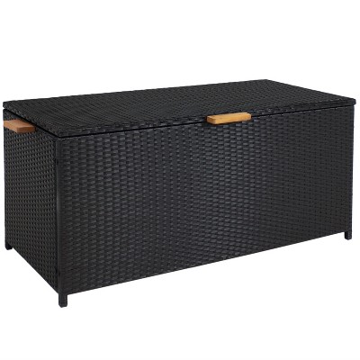 Sunnydaze 75 Gallon Indoor/Outdoor Acacia Wood and Resin Wicker Storage Deck Box with Hinged Lid - Black