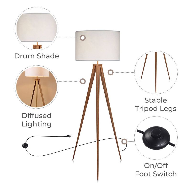 Teamson Home 61.81&#34; Postmodern Tripod Floor Lamp with Drum Shade Natural/White, 6 of 12