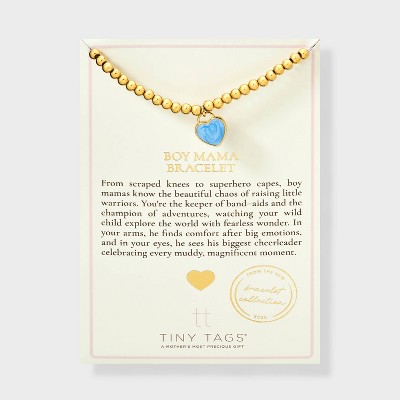 Tiny Tags 14K Gold Ion Plated with Blue Swirl Enamel "Boy Mama" Beaded Stretch Bracelet - Gold/Blue