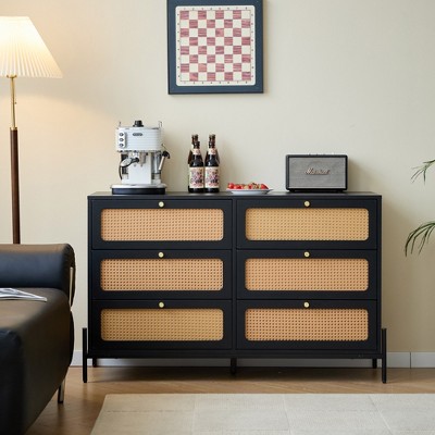 Angel Sar 47" 6 Drawer Rattan Dresser, Black Double Dresser with Gold Metal Handle, Boho Wood Dresser