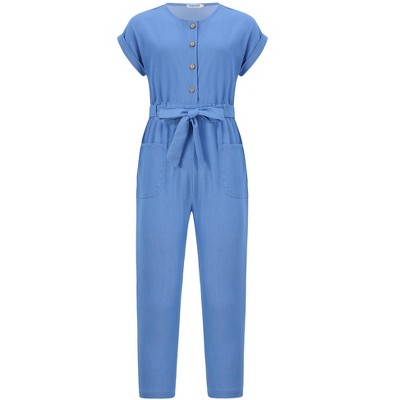 Girls Jumpsuit Short Sleeve Romper Long Pant High Waist with Belt 2 Pockets Outfits 3-12 Years