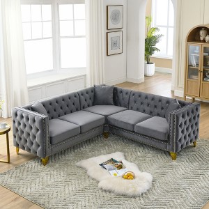 82.2" Velvet L-Shaped Corner Sectional Sofa, 5-Seater Chesterfield Couch with Nailhead Trim, Solid Wood Frame, Tufted Design, Metal Legs - 1 of 4