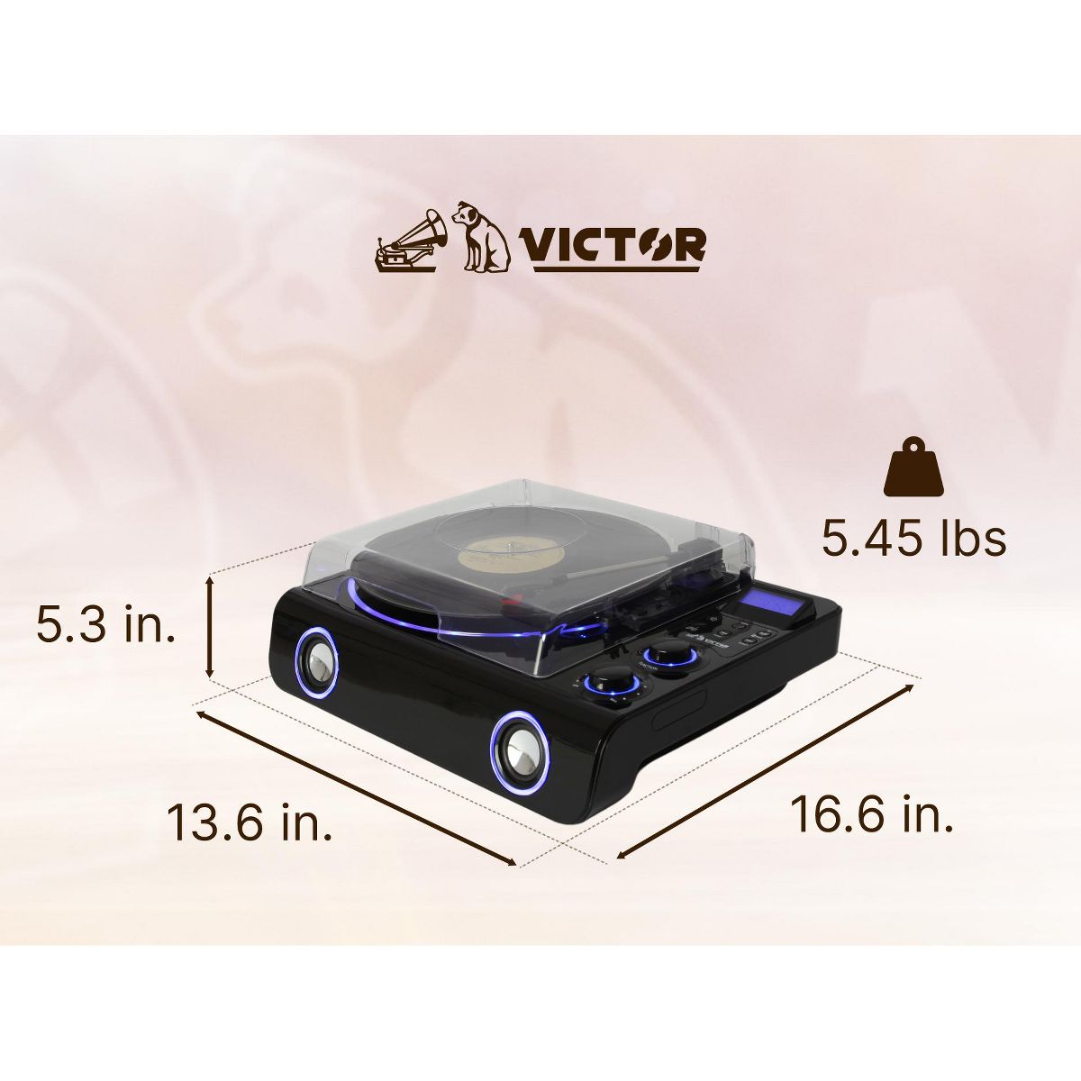 VICTOR Beacon 5-in-1 Turntable System with 3-Speed Record Player, FM Radio, Dual Bluetooth In & Out, Built-in Stereo Speakers, and Blue LED Accent - thumbnail 2