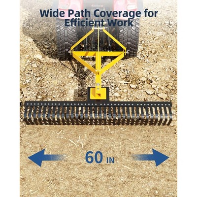 60" tractor rake, landscape rock rake, 3-point dethatcher; fits Category 1 hookup, tow-behind tool for landscapers and grass combing.