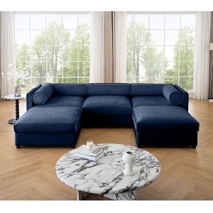 Elegant White Chenille  Sofa with Storage Seat and Ottoman, U-Shaped 3-Seater Cylindrical Backrest and Armrests - 1 of 4