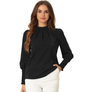 Allegra K Women's Long Sleeve Mock Neck Pleated Solid Chiffon Work Shirt - 1 of 4
