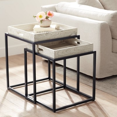 Black and Whitewash Wood Metal Square Nesting Tables Set