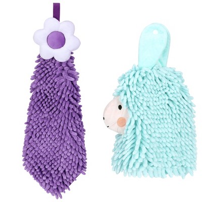 REGALWOVEN Soft Absorbent Flower Pattern and Sheep Pattern Chenille Hand Towel with Loop 6" x 15"/7" x 11" 2 Pcs