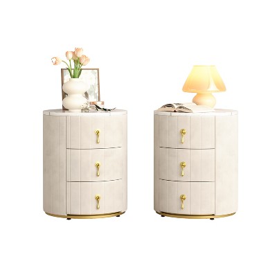 Vynxaria 2-Set Beige Upholstered Nightstand with 3 Drawers Round Bedside Table Metal Handles Marbling Stickers Top
