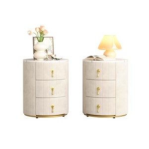 Vynxaria 2-Set Beige Upholstered Nightstand with 3 Drawers Round Bedside Table Metal Handles Marbling Stickers Top - 1 of 4