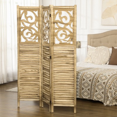 Brown Wood 3-Panel Folding Room Divider with Floral Design
