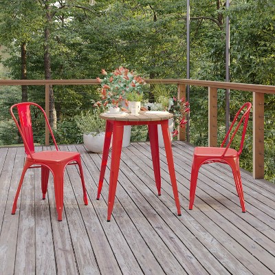 24" Round Brown Poly Resin Top Red Steel Base Dining Table