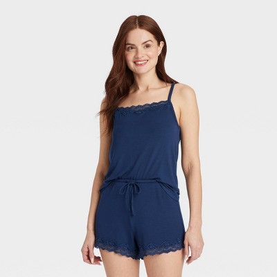 Women's Lace Trim Ribbed Cami Top and Shorts Pajama Set - Auden™ Navy Blue S