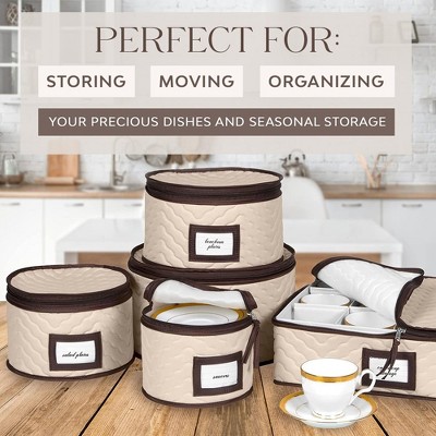 Flax and Brown Quilted Microfiber 5-Piece China Storage Set
