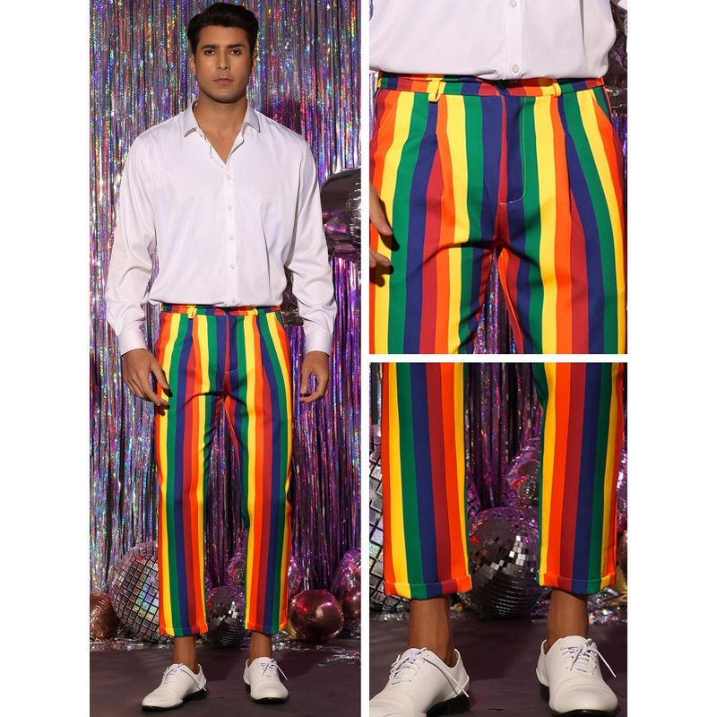 Lars Amadeus Men's Regular Fit Flat Front Cropped Rainbow Striped Pants, 4 of 6